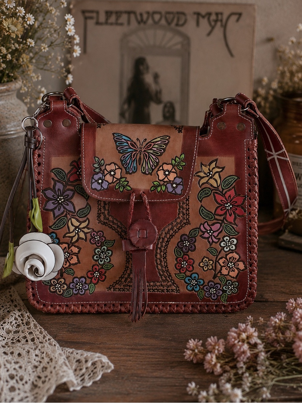 Espe Hand Painted Floral Butterfly Vegan Leather Crossbody Shoulder Bag Boho